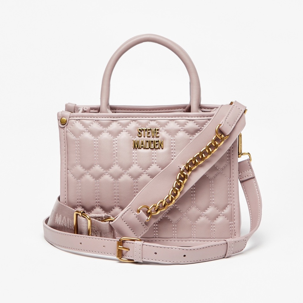 Steve Madden Quilted Satchel in Sand Beige with Gold Hardware & Cross Body Strap